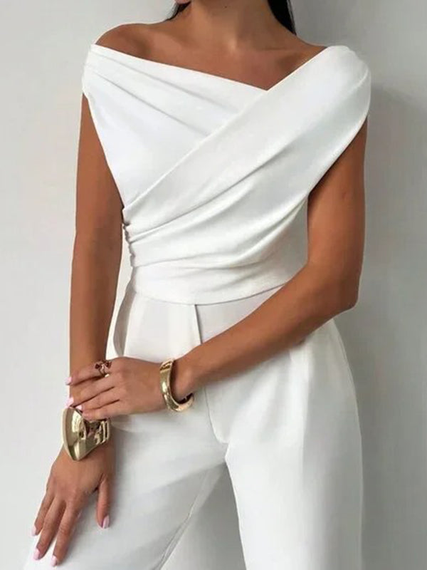 Manches courtes maigre asymétrique plissé couleur unie à empiècements décolleté asymétrique T-shirts hauts