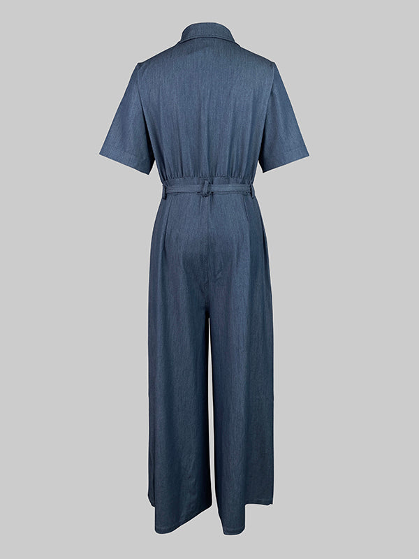 Combinaison à manches courtes, à taille nouée, à col en V, en jean, couleur unie