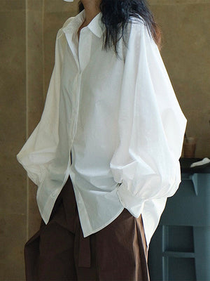 Chemisier décontracté ample à manches bouffantes, à col revers, couleur unie