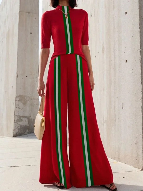 Pantalon ample taille haute, couleur contrastée