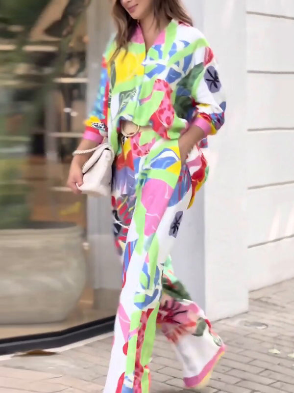 Ensemble deux pièces imprimé boutonné à manches longues, à col revers, taille haute, couleur contrastée – chemisier + pantalon