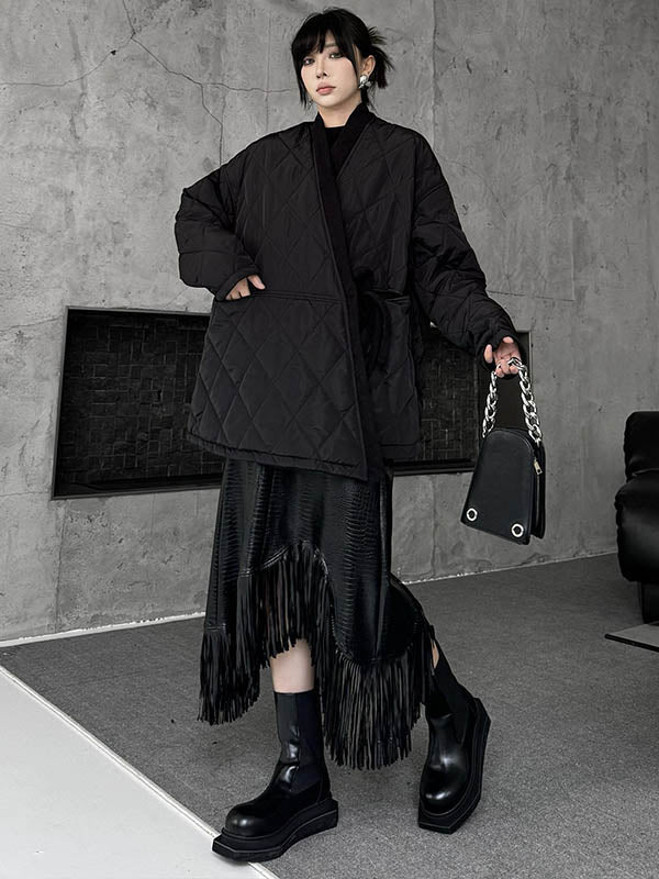 Manteau rembourré à manches longues, ample, à carreaux, couleur unie, à empiècements, noué, sans col, vêtements d'extérieur