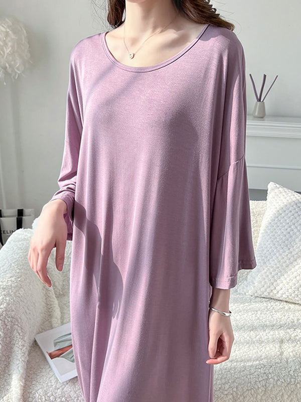 Robe de pyjama ample à taille haute, couleur unie, fendue, col rond