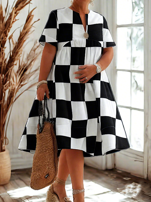 Robe chemise ample plissée à manches courtes, à carreaux, à col en V, couleur contrastée