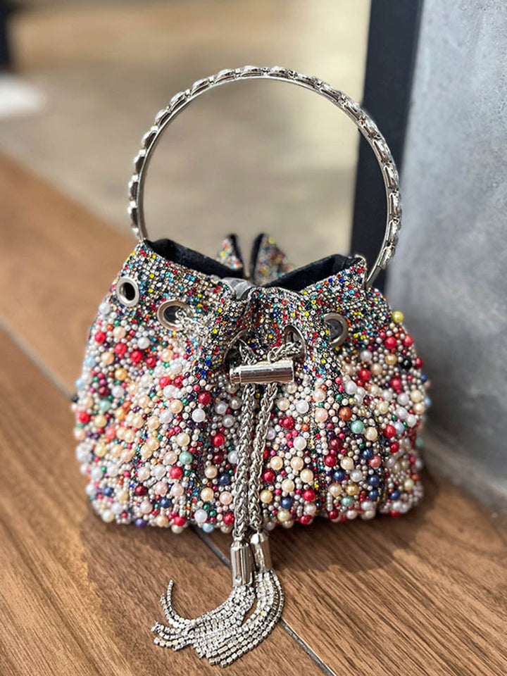 Sac à main ajouré géométrique à strass, à cordon de serrage