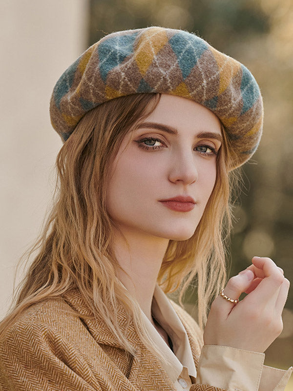 Béret vintage en laine, couleur contrastée