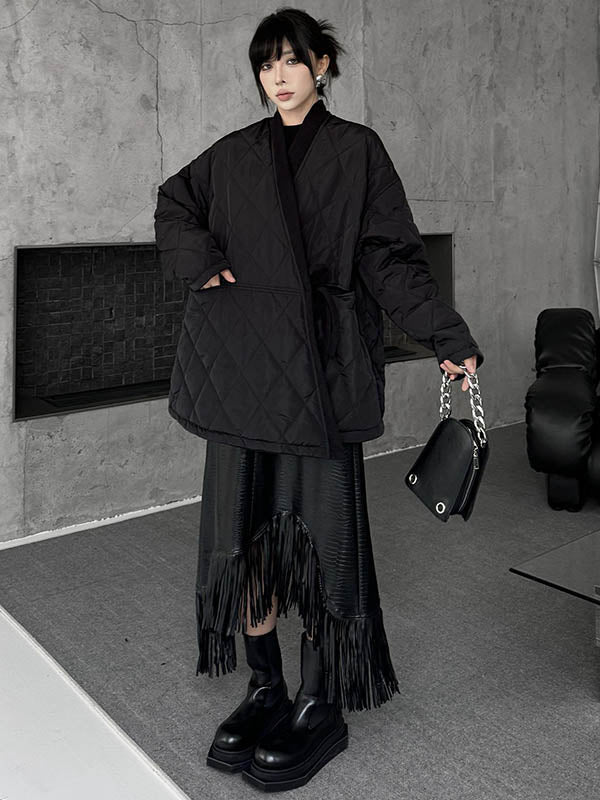 Manteau rembourré à manches longues, ample, à carreaux, couleur unie, à empiècements, noué, sans col, vêtements d'extérieur