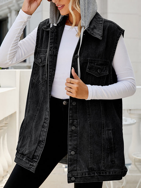 Gilet sans manches ample boutonné amovible à cordon de serrage, à capuche, à poches, à empiècements, col polo