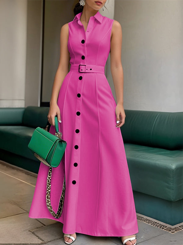 Robe longue boutonnée coupe trapèze, taille haute, avec ceinture, à col revers, couleur unie