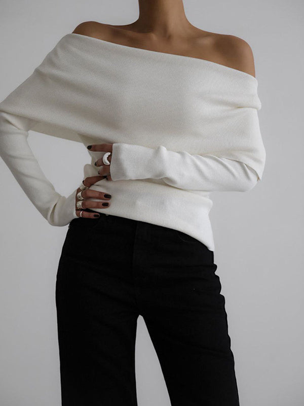 Pull ample à manches longues, à épaules dénudées, couleur unie