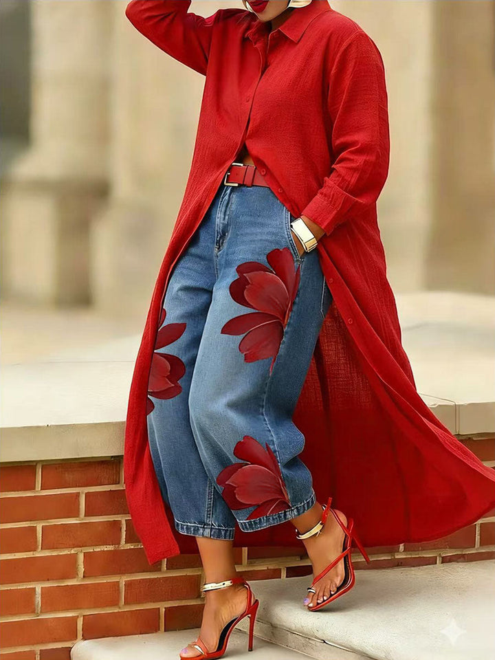 Pantalon 7/8 ample à jambes larges, à imprimé floral, sans ceinture, à poches
