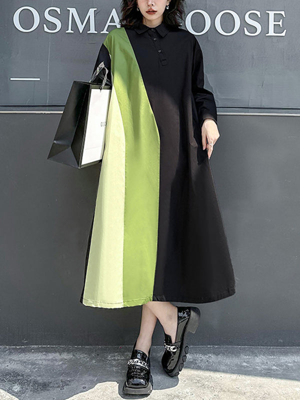 Robe chemise ample asymétrique boutonnée à manches longues, à empiècements, à col revers, couleur contrastée