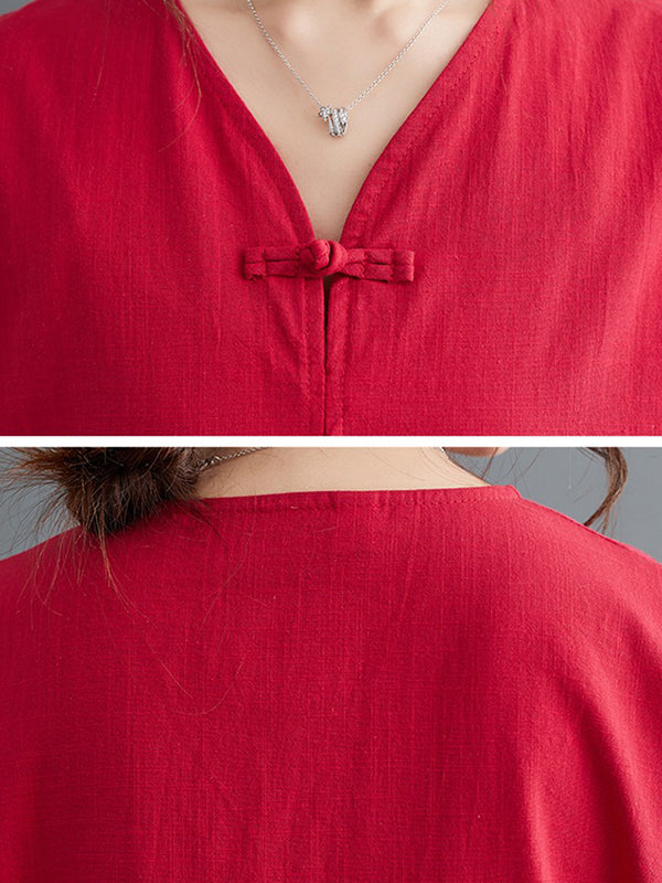 Robe trapèze ample avec boutons de grenouille chinoise, poches, couleur unie, fendue sur le côté, col en v, robes mi-longues