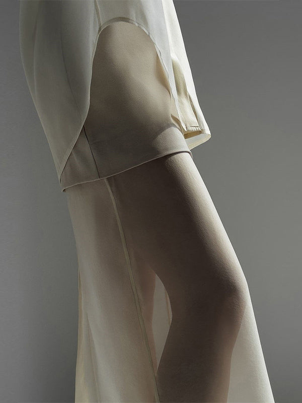 Ensemble deux pièces ample transparent à manches longues, à col revers, couleur unie – chemisier + jupe