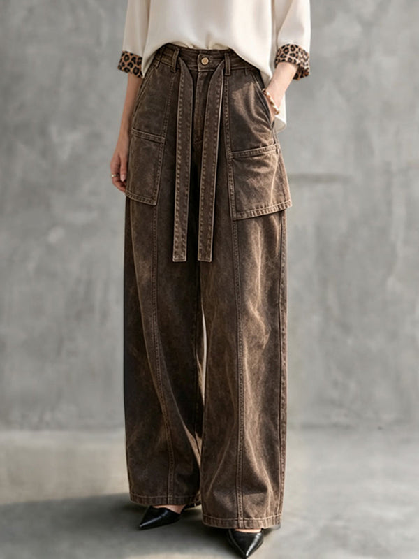 Pantalon cargo imprimé boutonné ample à fermeture éclair, à poches, avec ceinture, à jambes larges