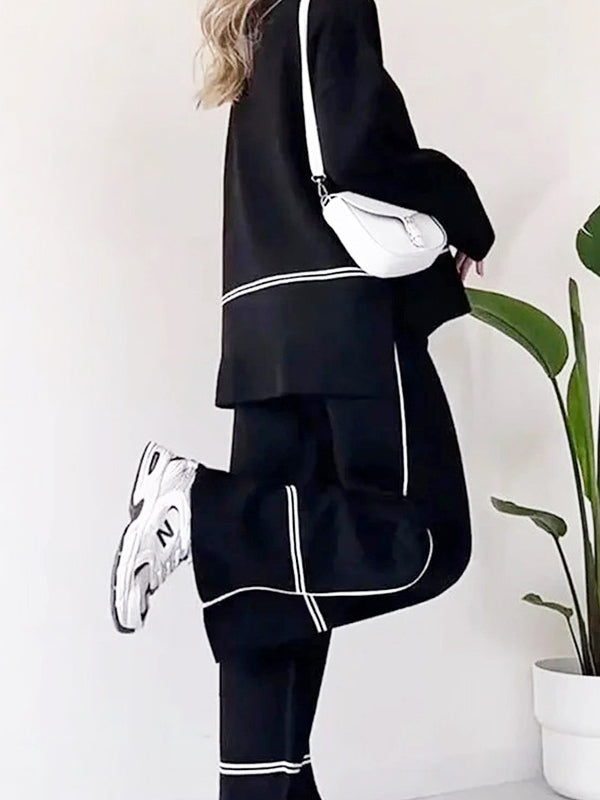 Ensemble deux pièces fendu sur le côté à ourlet plongeant, à col rond, taille haute, couleur contrastée – pull + haut + pantalon