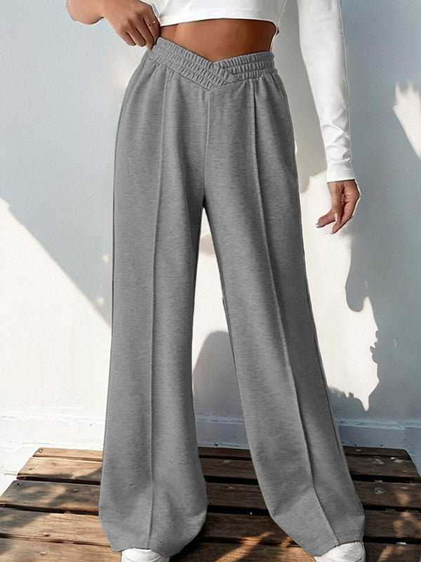 Pantalon ample taille haute, à taille élastique, couleur unie