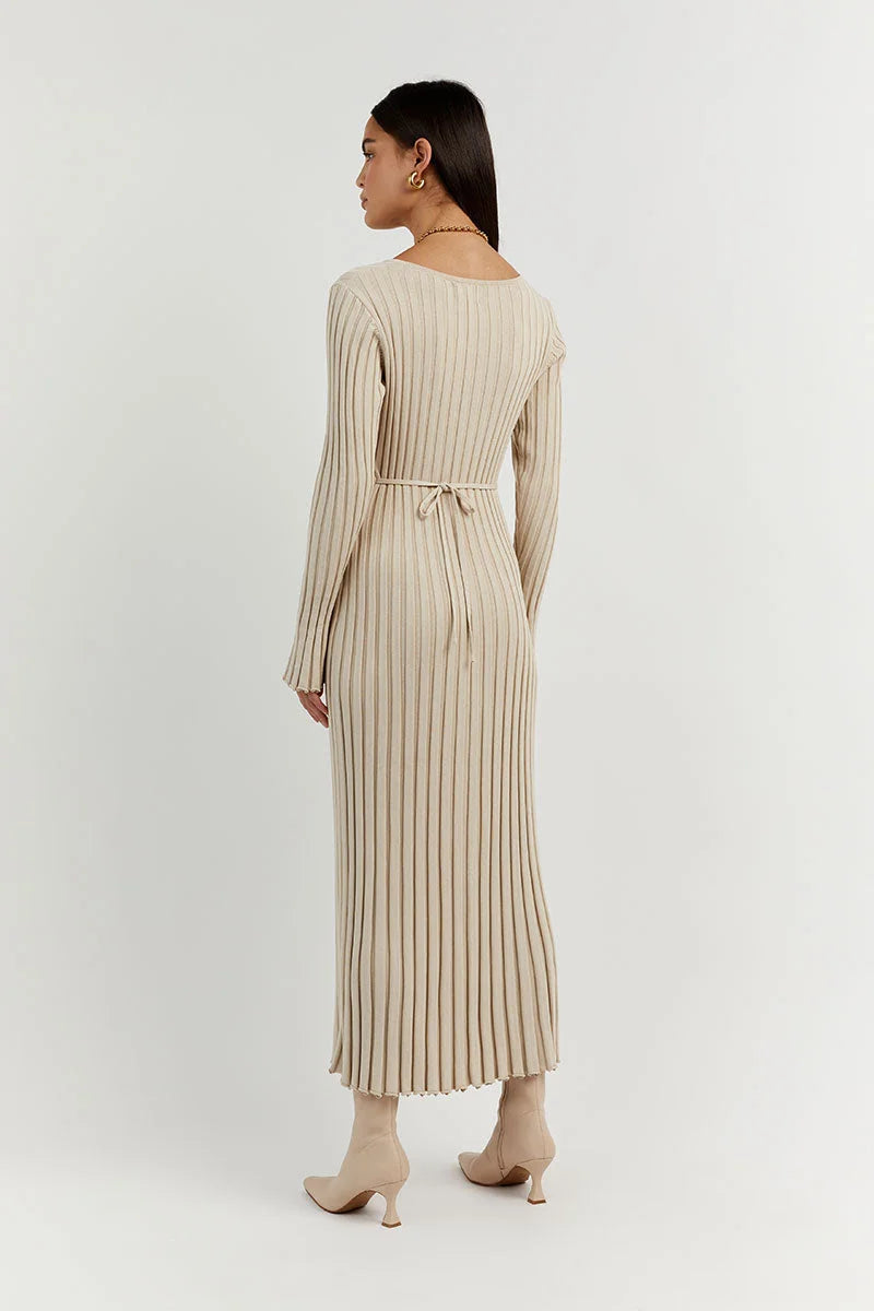 Lavinia - Robe midi en tricot à manches longues avec décolleté en V