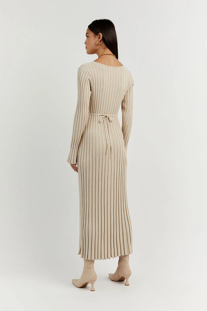 Lavinia - Robe midi en tricot à manches longues avec décolleté en V