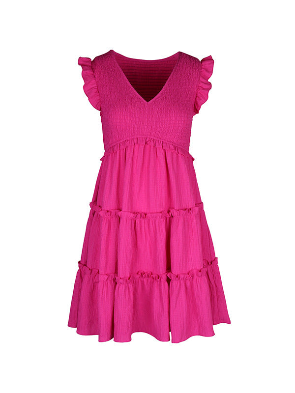 Robe courte ample sans manches, à bordure volantée, à empiècements, à décolleté en V profond, couleur unie