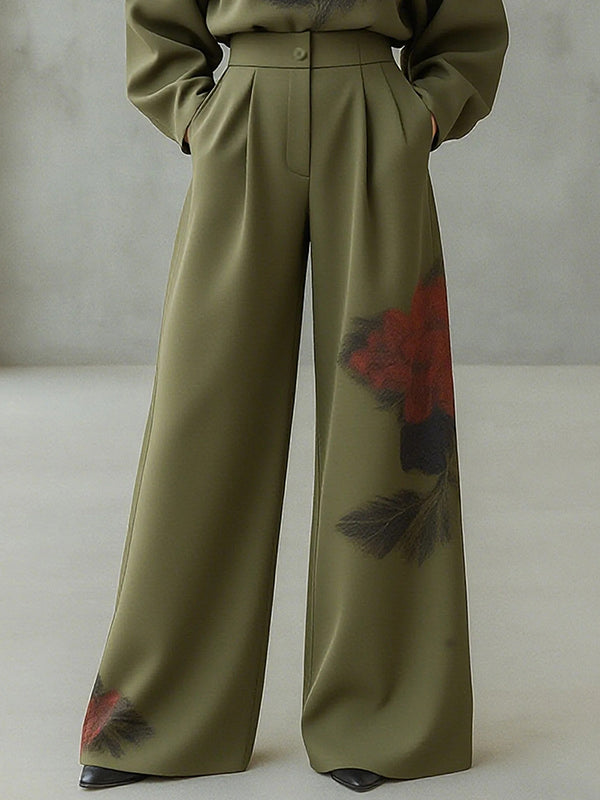 Pantalon ample plissé à jambes larges, à imprimé floral, à empiècements