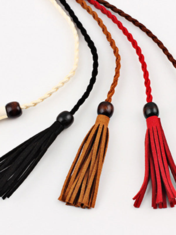 Ceinture de couleur unie à pompons en cuir artificiel de Bohême