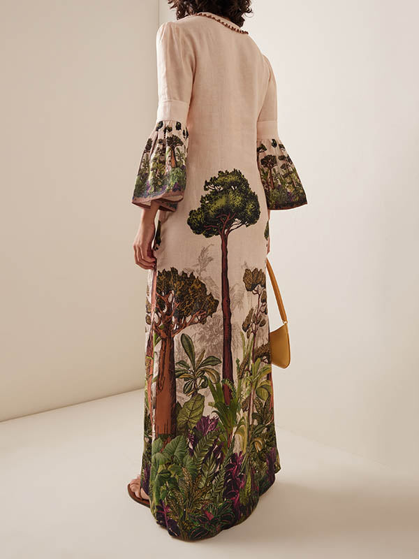 Robe longue ample à manches évasées, à imprimé feuilles, à col en V