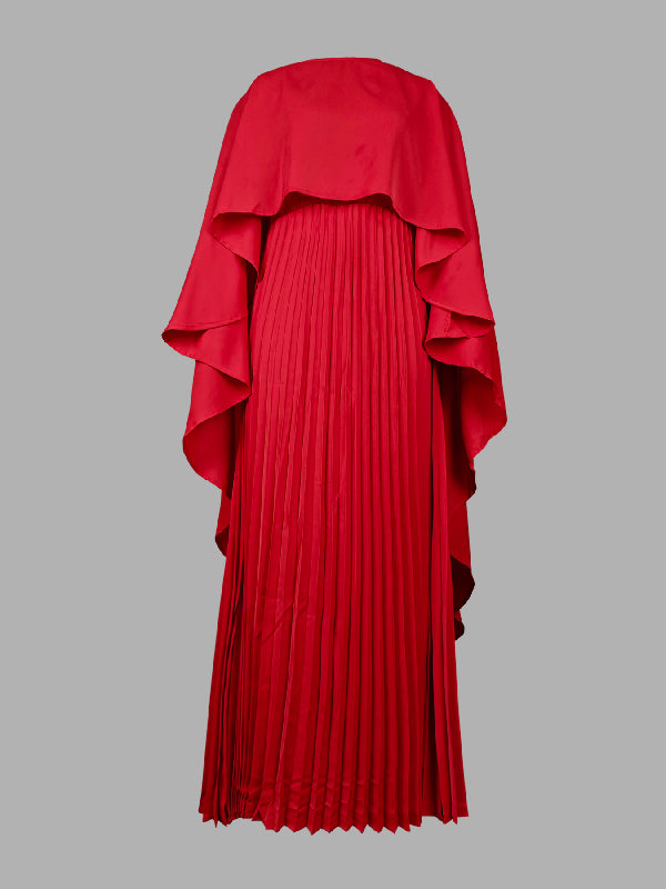 Robe de soirée longue plissée style cape, à ourlet plongeant, à empiècements, à col rond, couleur unie