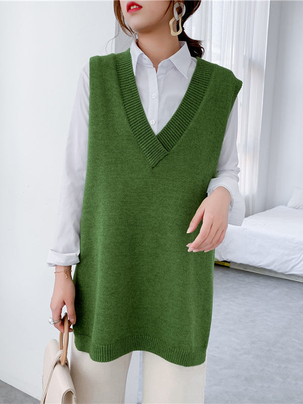 Gilet tricoté sans manches à la mode, fendu sur le côté, couleur unie, col en V
