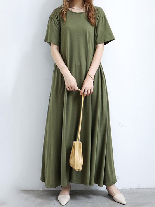 Robe longue simple ample à manches courtes, à col rond, couleur unie