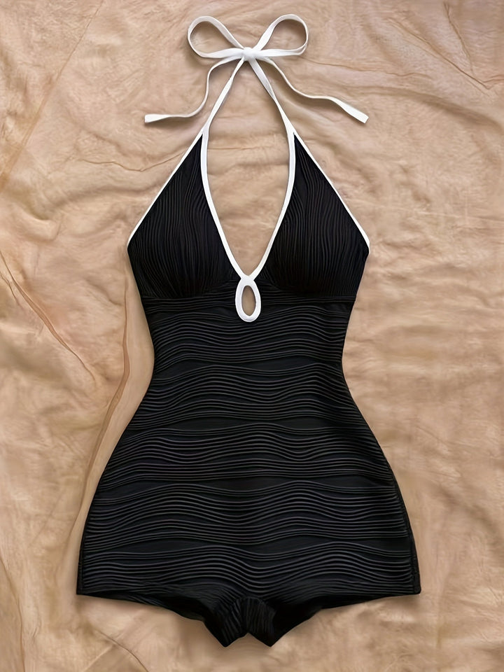 Maillot de bain femme avec décolleté halter et motif ondulé – Style vintage élégant pour la plage et la piscine