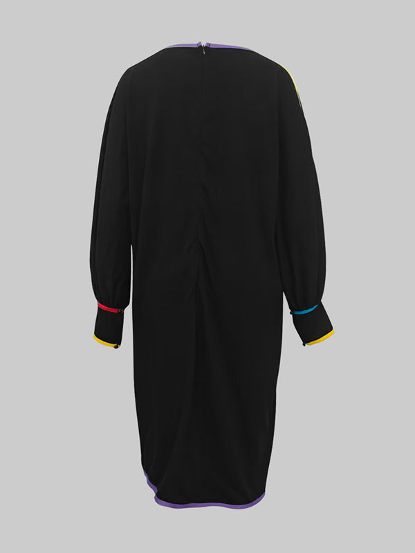 Robe mi-longue à manches longues, à manches bouffantes, à poches, à col rond, couleur contrastée