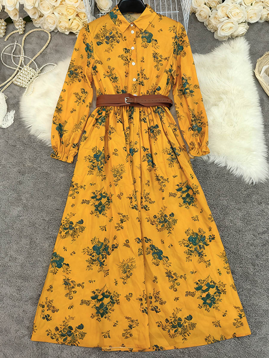 Robe chemise boutonnée plissée coupe trapèze, à taille élastique, avec ceinture, à imprimé floral, à empiècements, à col revers, couleur contrastée