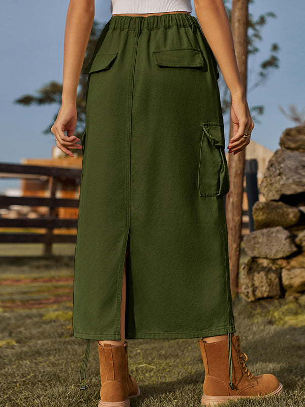 Jupe ample fendue dans le dos coupe trapèze, à cordon de serrage, à taille élastique, à poches, couleur unie