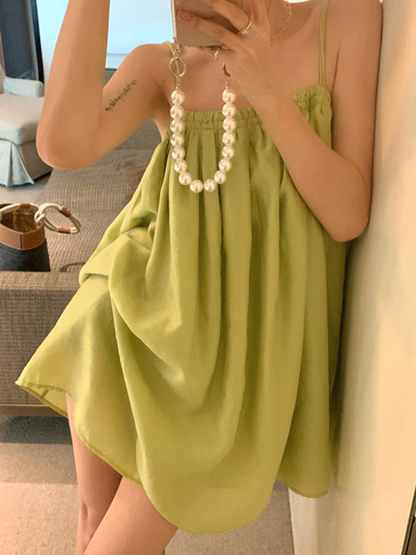 Robes courtes ample plissée sans manches, couleur unie, col Spaghetti, robe à bretelles