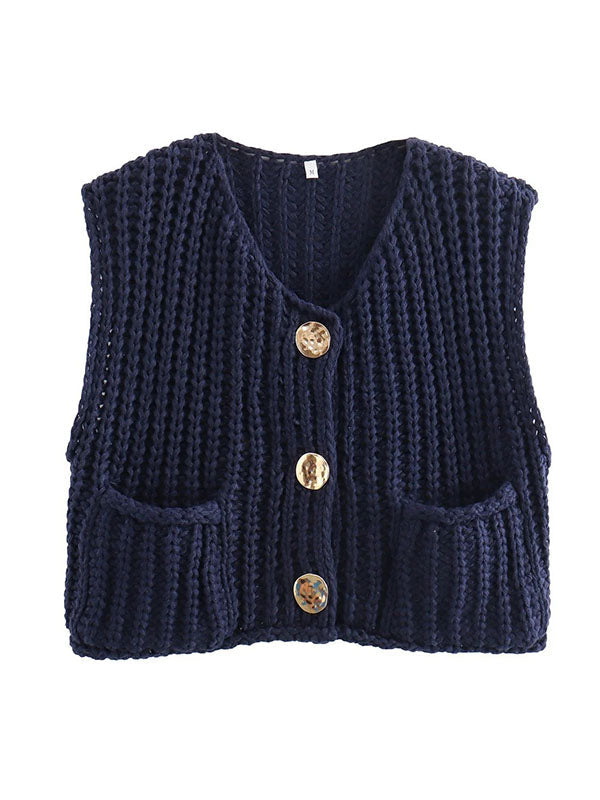 Gilet sans manches ample boutonné à poches, à col en V