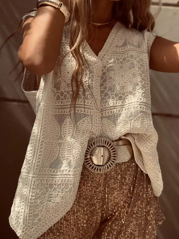 Débardeur ample sans manches boutonné au crochet brodé à col en V
