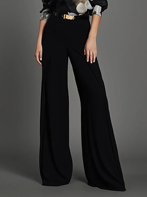 Pantalon ample à jambes larges, taille haute, couleur unie