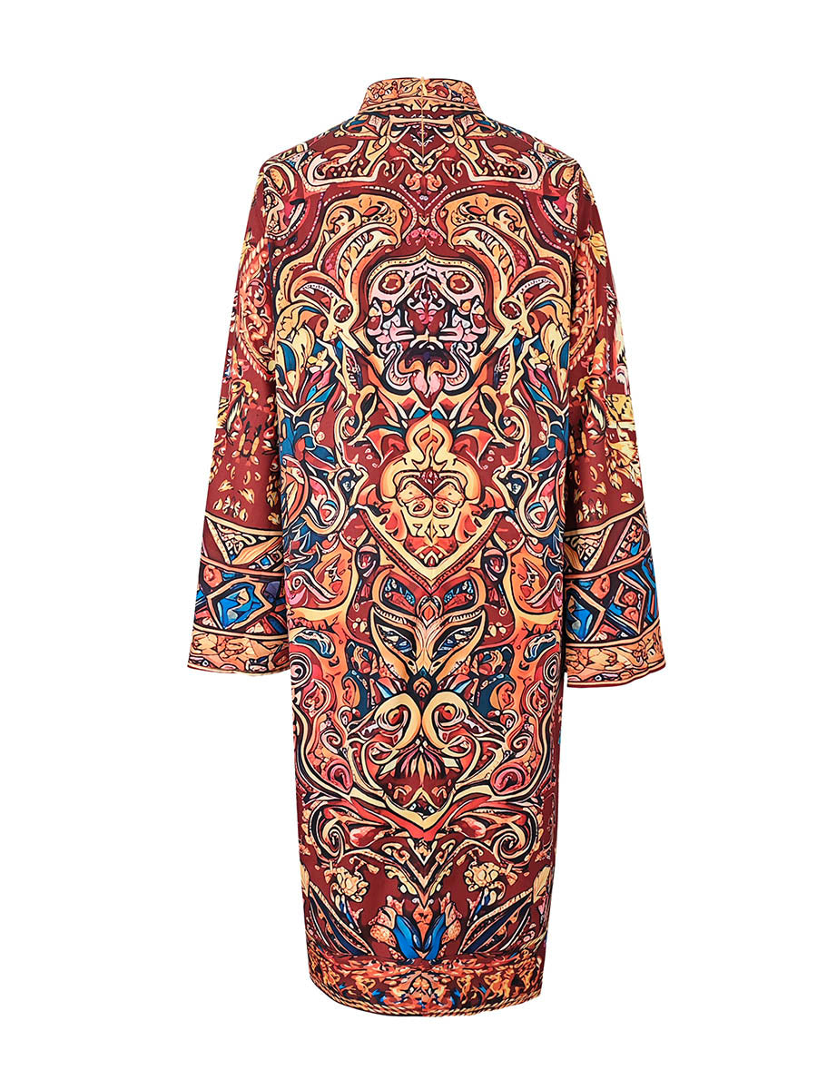Robe mi-longue ample imprimée à manches longues, à col cheminée, couleur contrastée