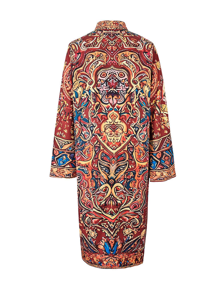 Robe mi-longue ample imprimée à manches longues, à col cheminée, couleur contrastée