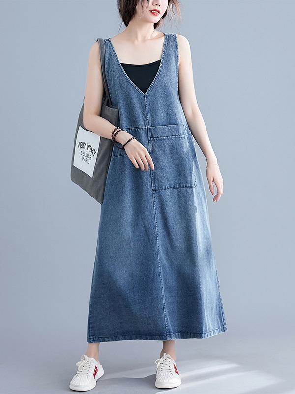 Robe mi-longue ample sans manches, en jean, à col en V