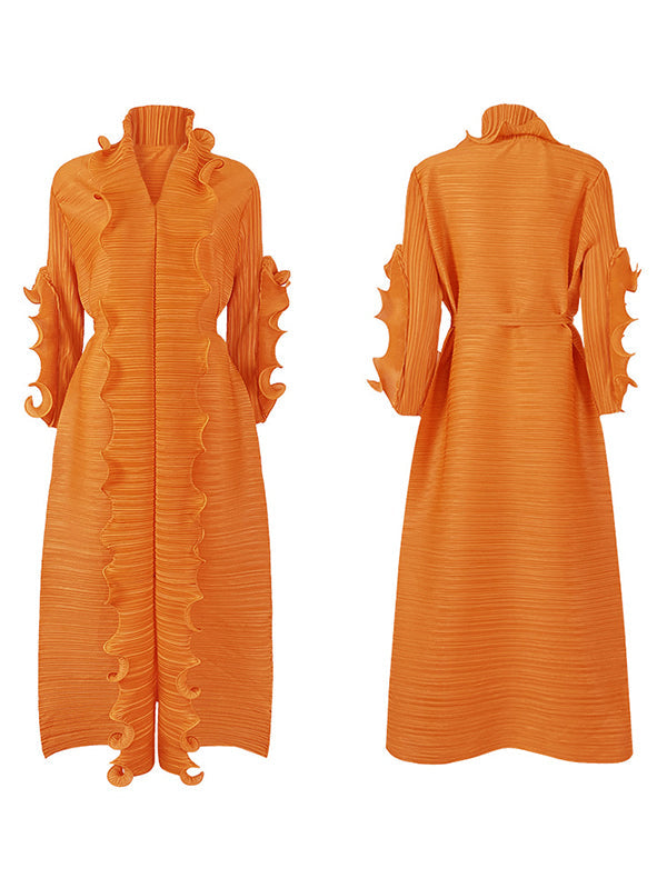 Robe longue ample nouée plissée à manches longues, à falbalas, à col en V, couleur unie