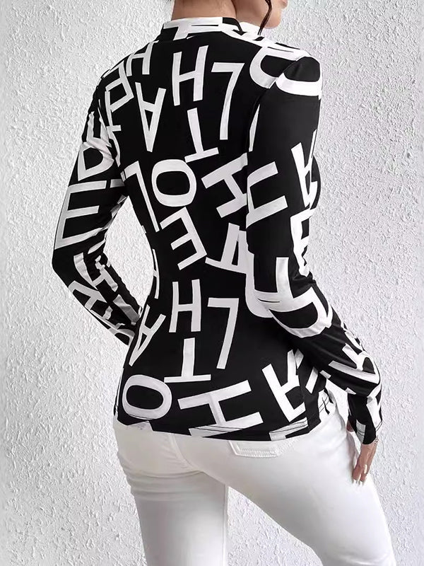 T-shirt à manches longues, coupe près du corps, à imprimé lettres, à empiècements, à col cheminée