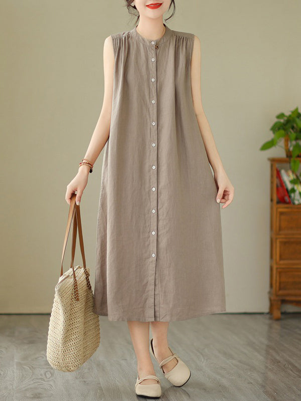 Robe mi-longue boutonnée plissée coupe trapèze, sans manches, à col rond, couleur unie