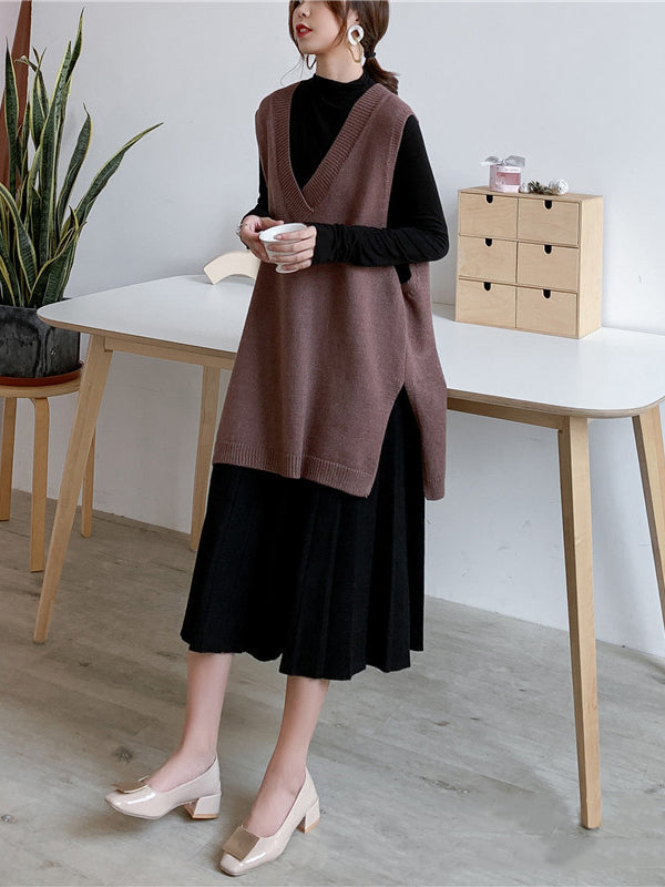 Gilet tricoté sans manches à la mode, fendu sur le côté, couleur unie, col en V