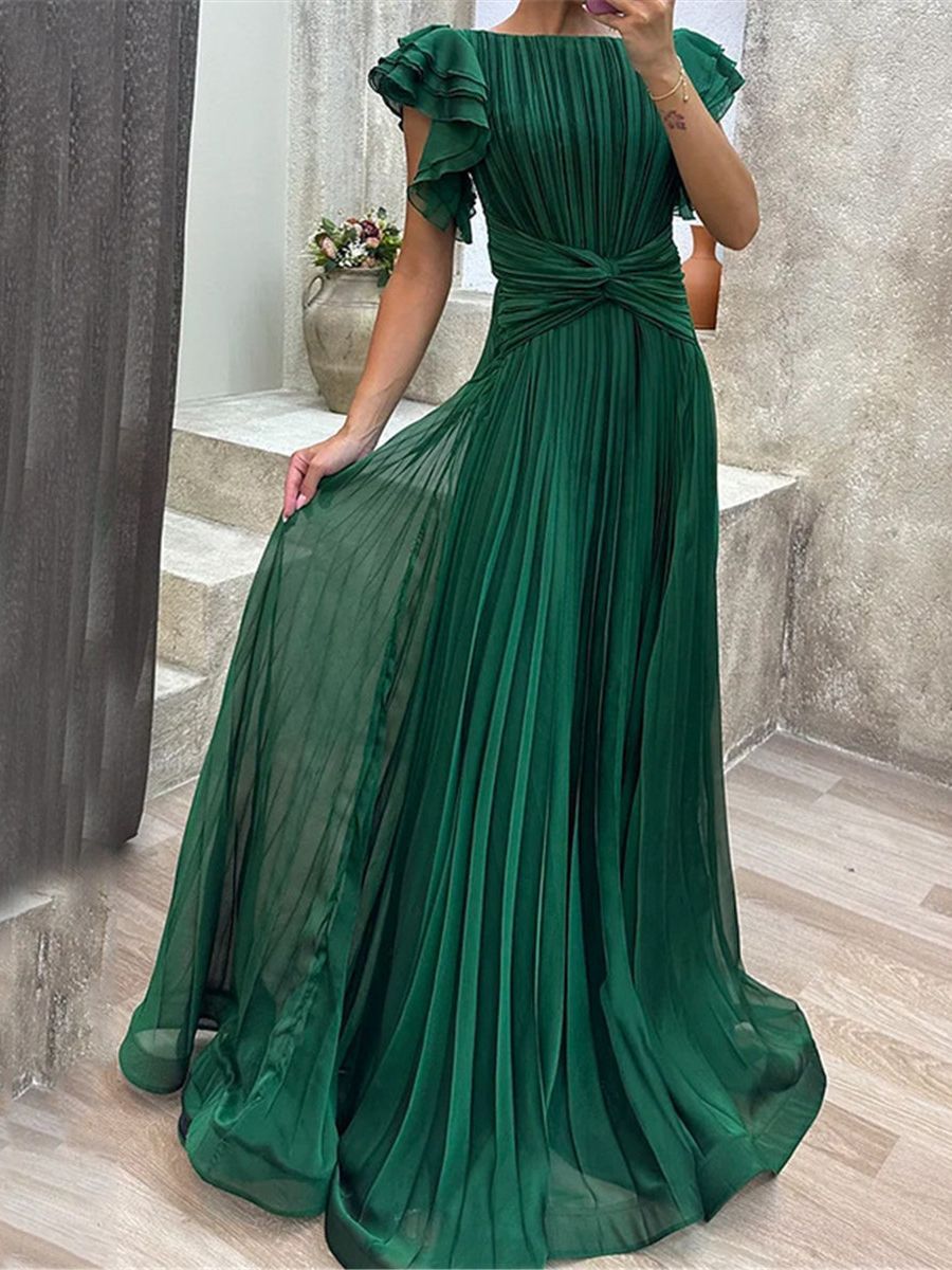 Elisa - Robe maxi plissée élégante en bleu foncé