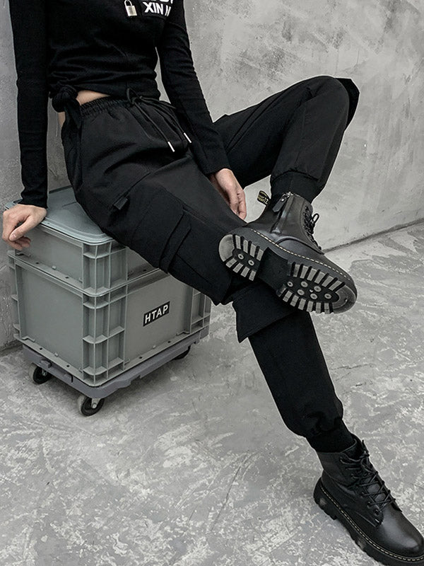 Pantalon salopette décontracté noir empire punk avec cordon de serrage élégant