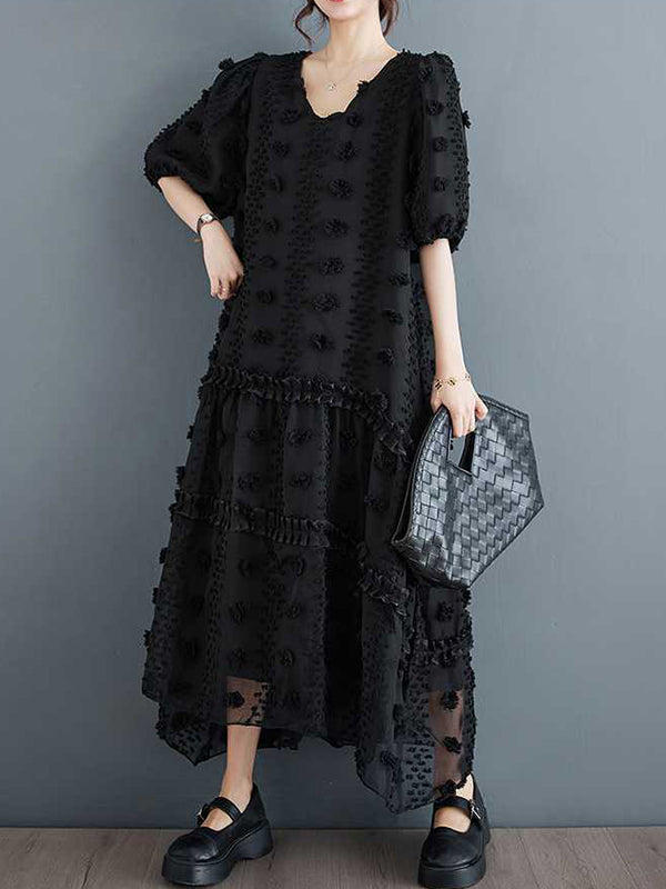 Robe mi-longue coupe trapèze, à manches mi-longues, à taille élastique, en jacquard, à empiècements, à col en V, couleur unie