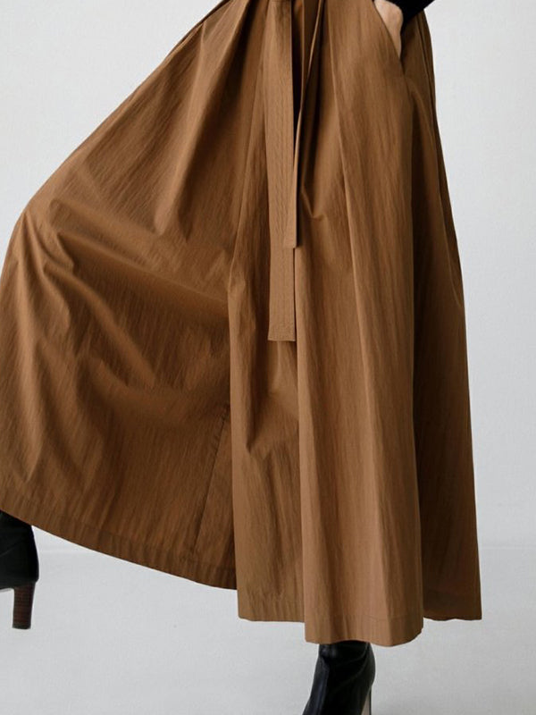Pantalon ample plissé taille haute, à taille nouée, à jambes larges, couleur unie