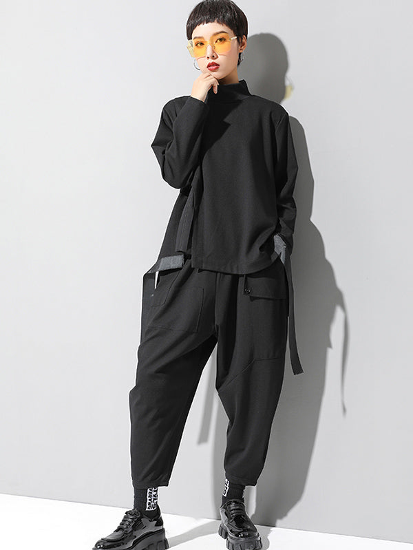 Sarouel élégant noir asymétrique à taille élastique